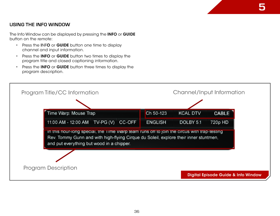 Vizio E420DA0 warranty Using the Info Window 