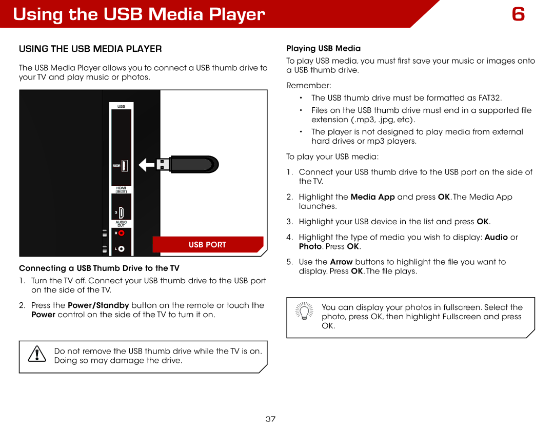 Vizio E420DA0 warranty Using the USB Media Player 