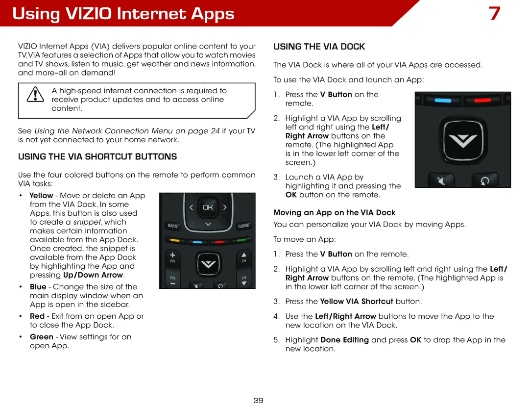 Vizio E420DA0 warranty Using Vizio Internet Apps, Using the VIA Shortcut Buttons, Using the VIA Dock 