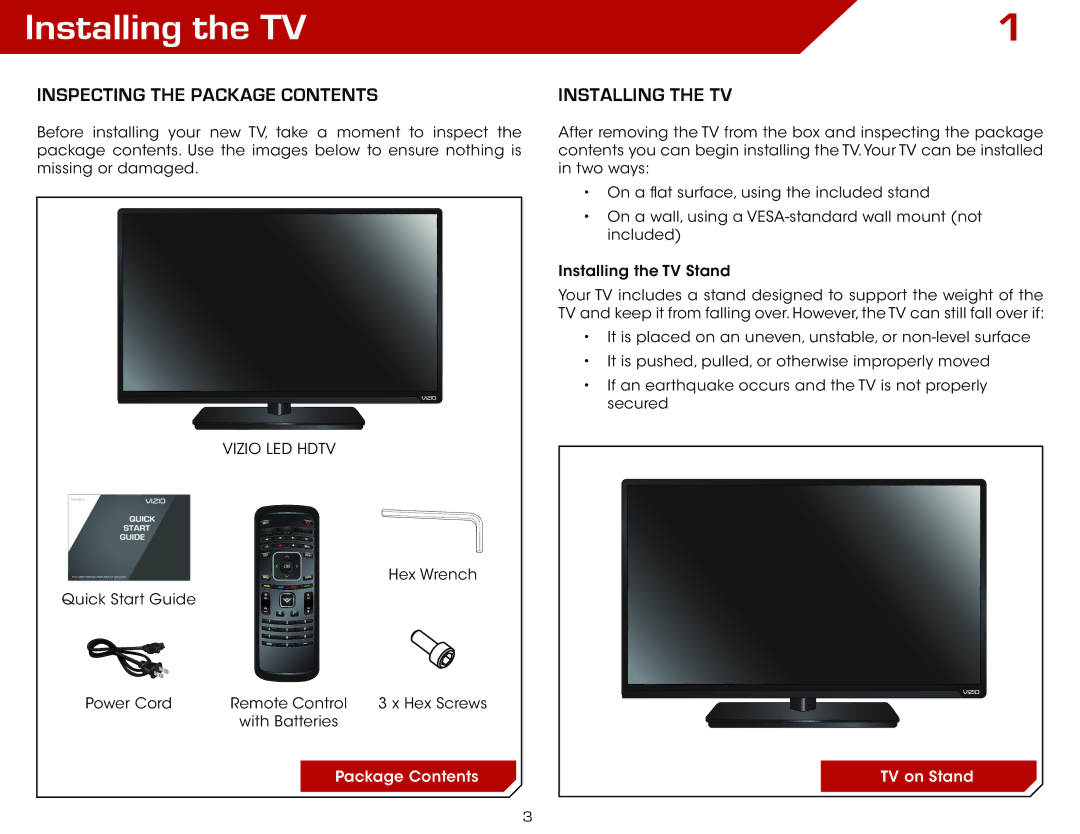 Vizio E420DA0 warranty Installing the TV, Inspecting the Package Contents 