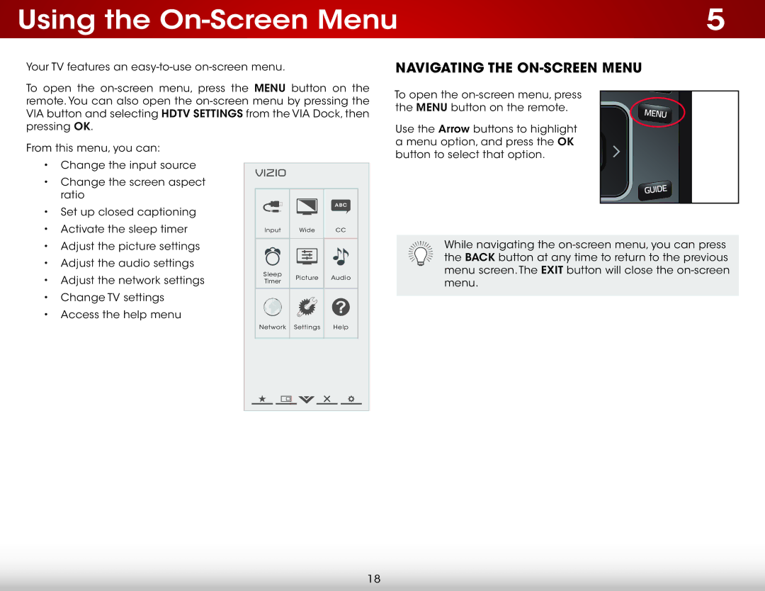 Vizio E420I-A0, E420IA0 user manual Using the On-Screen Menu, Navigating the On-Screen Menu 