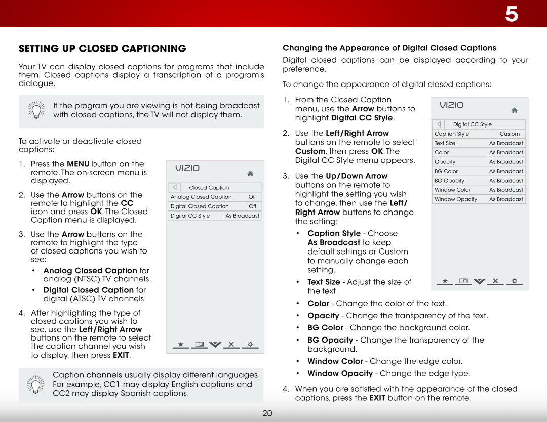 Vizio E420I-A0, E420IA0 user manual Setting Up Closed Captioning 