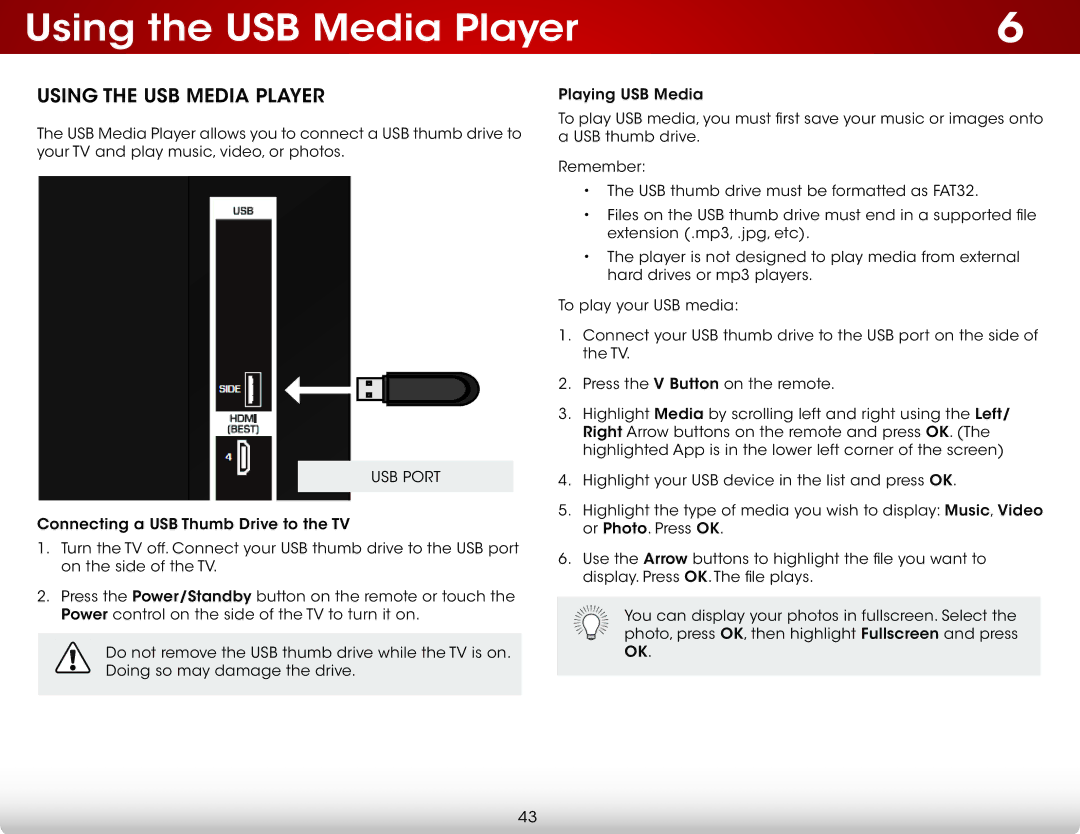 Vizio E420IA0, E420I-A0 user manual Using the USB Media Player, USB Port 