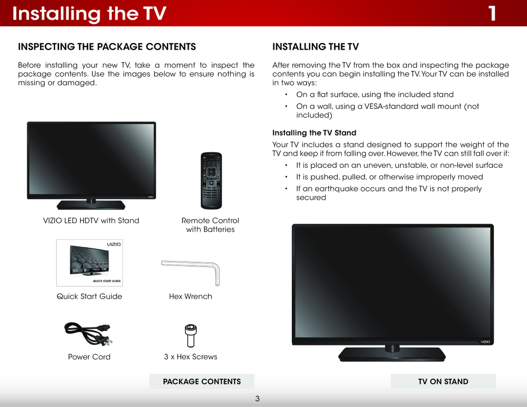 Vizio E420IA0, E420I-A0 user manual Installing the TV, Inspecting the Package Contents 