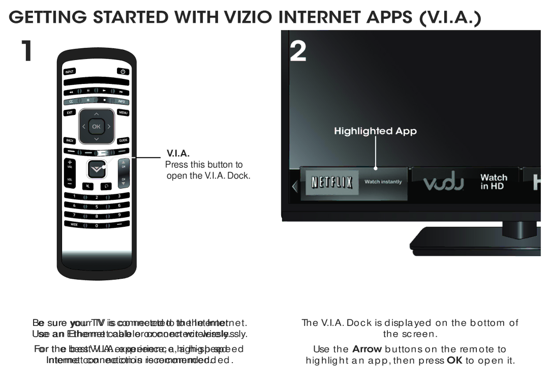 Vizio E420I-A0 quick start Getting Started with Vizio Internet Apps V.I.A, Highlighted App 