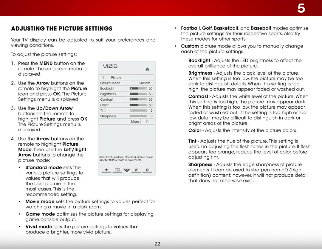 Vizio E390I-A1, E420I-A1, E390IA1 user manual Adjusting the Picture Settings 