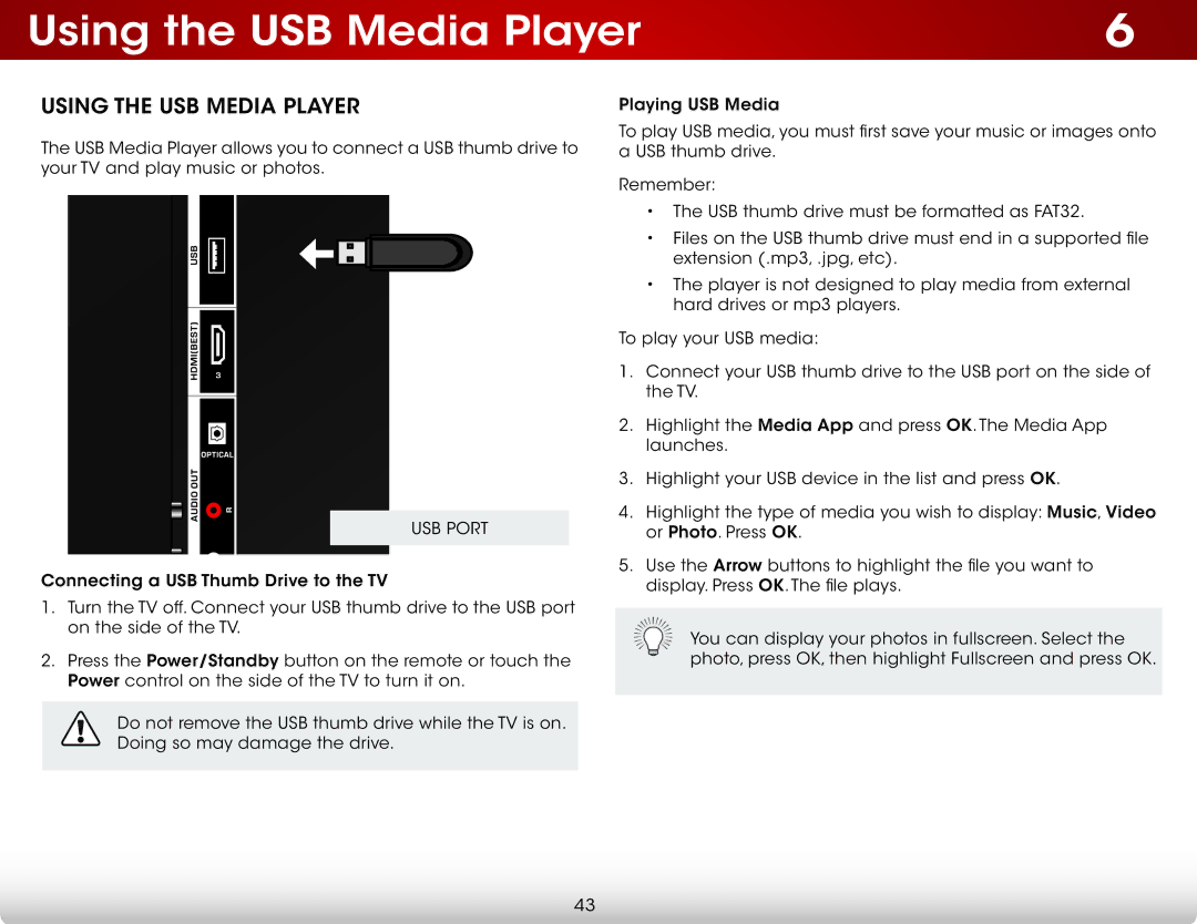 Vizio E390I-A1, E420I-A1, E390IA1 user manual Using the USB Media Player, USB Port 