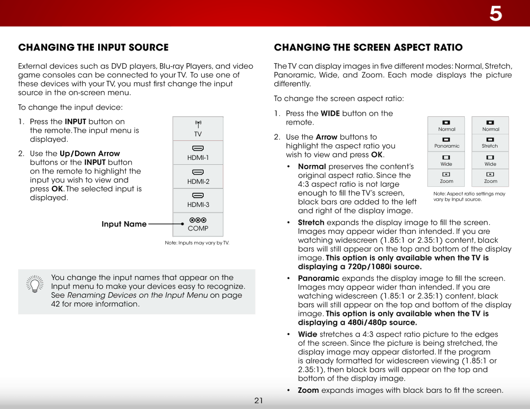 Vizio E420I-B0 user manual Changing the Input Source, Changing the Screen Aspect Ratio 