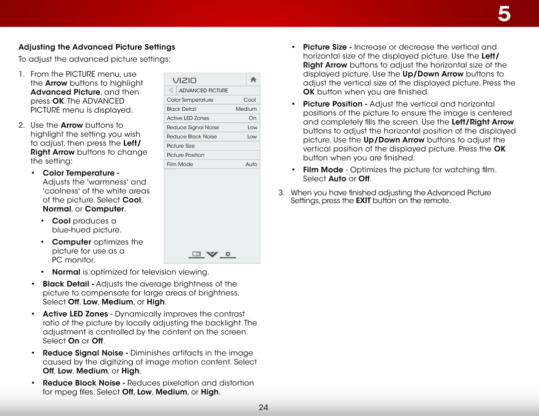 Vizio E420I-B0 user manual Arrow buttons to highlight Advanced Picture, and then 