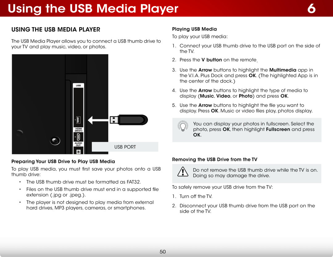 Vizio E420I-B0 user manual Using the USB Media Player, USB Port 