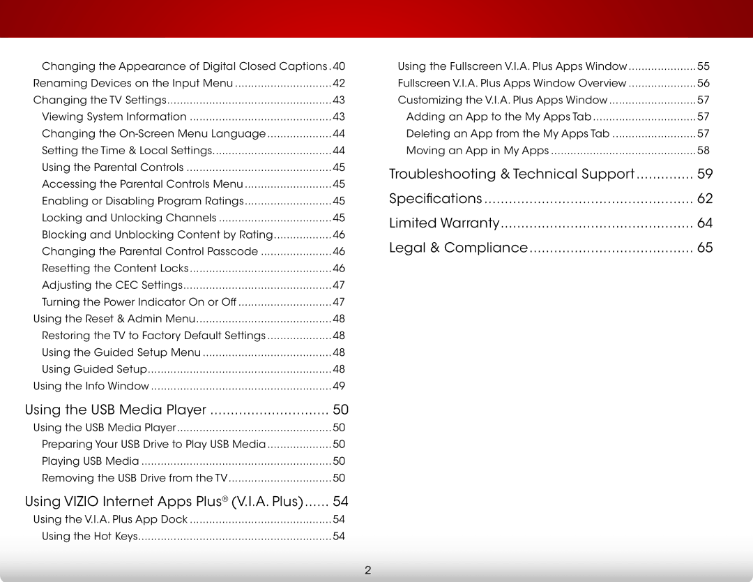 Vizio E420I-B0 user manual Using the USB Media Player, Using Vizio Internet Apps Plus V.I.A. Plus 