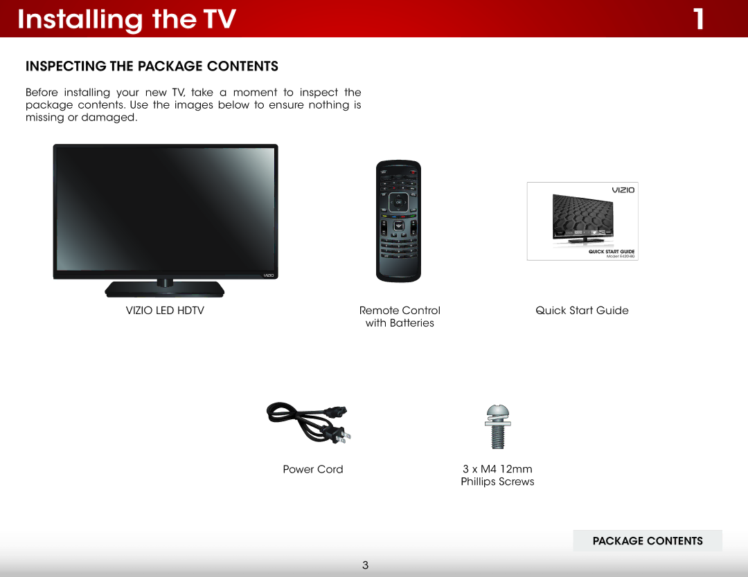 Vizio E420I-B0 user manual Installing the TV, Inspecting the Package Contents 