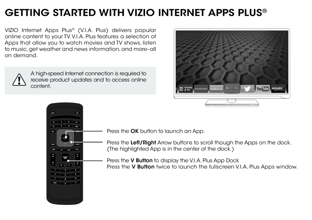 Vizio E420I-B0 manual Getting Started with Vizio Internet Apps Plus 