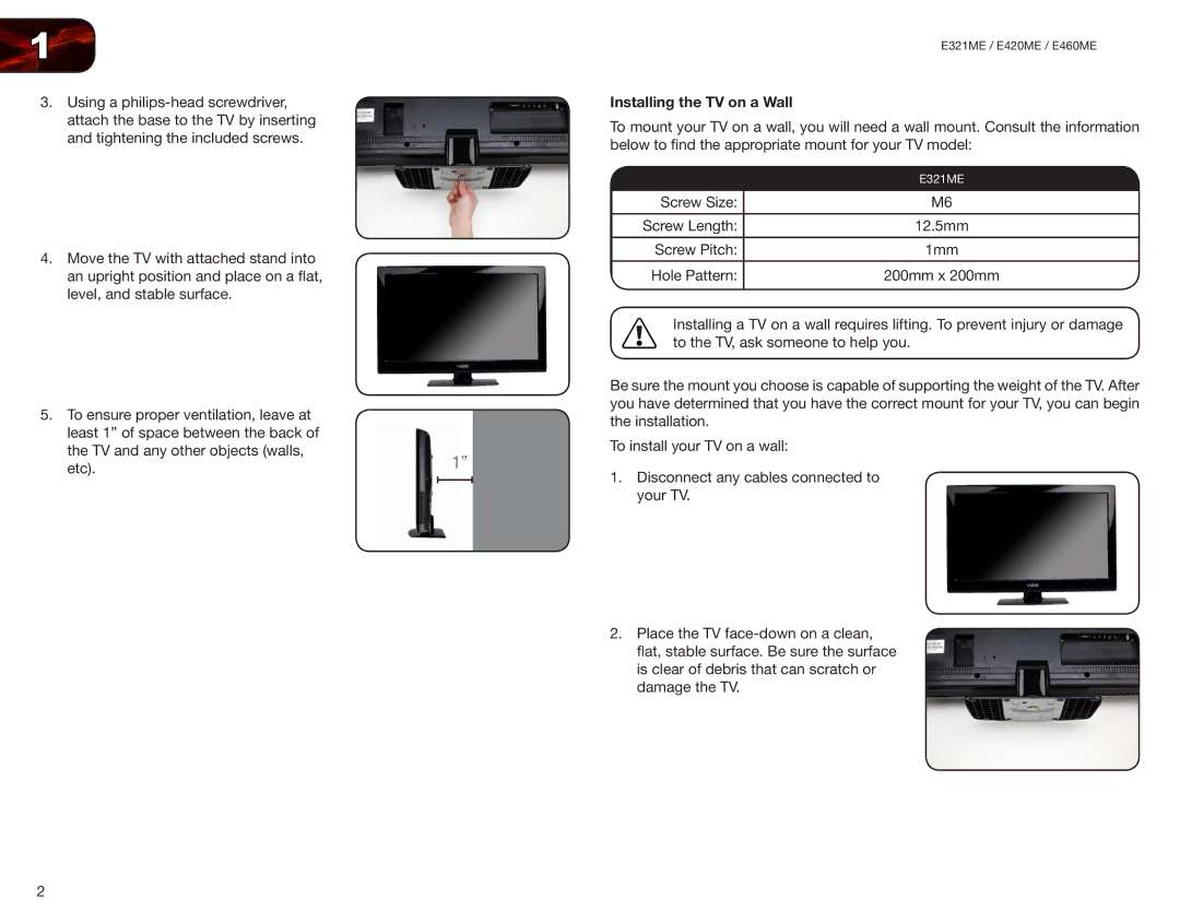 Vizio E420ME, E460ME user manual Installing the TV on a Wall 