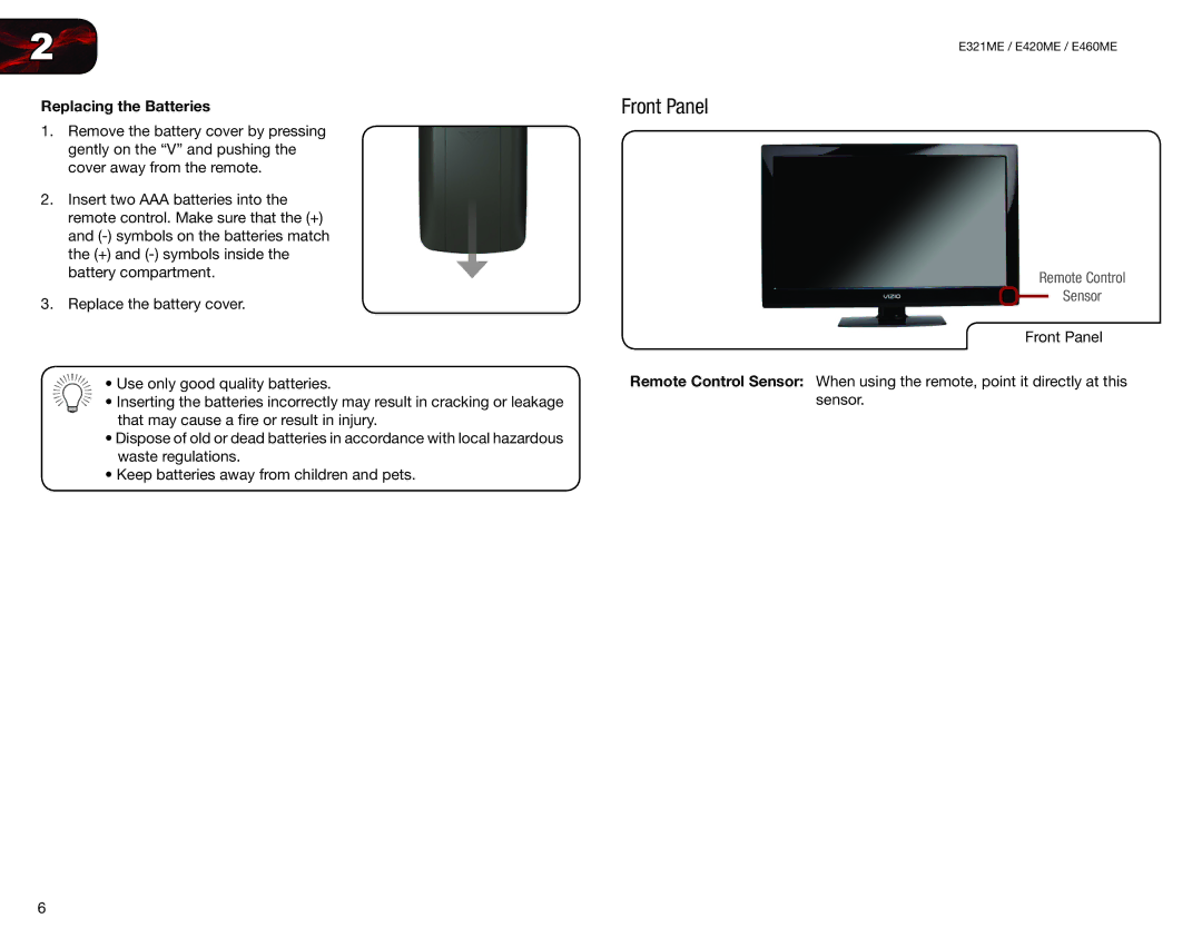 Vizio E420ME, E460ME user manual Front Panel, Replacing the Batteries 