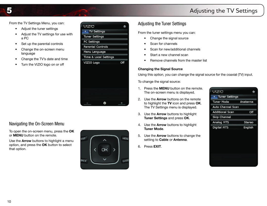 Vizio E420ME, E460ME user manual Navigating the On-Screen Menu, Adjusting the Tuner Settings, Changing the Signal Source 