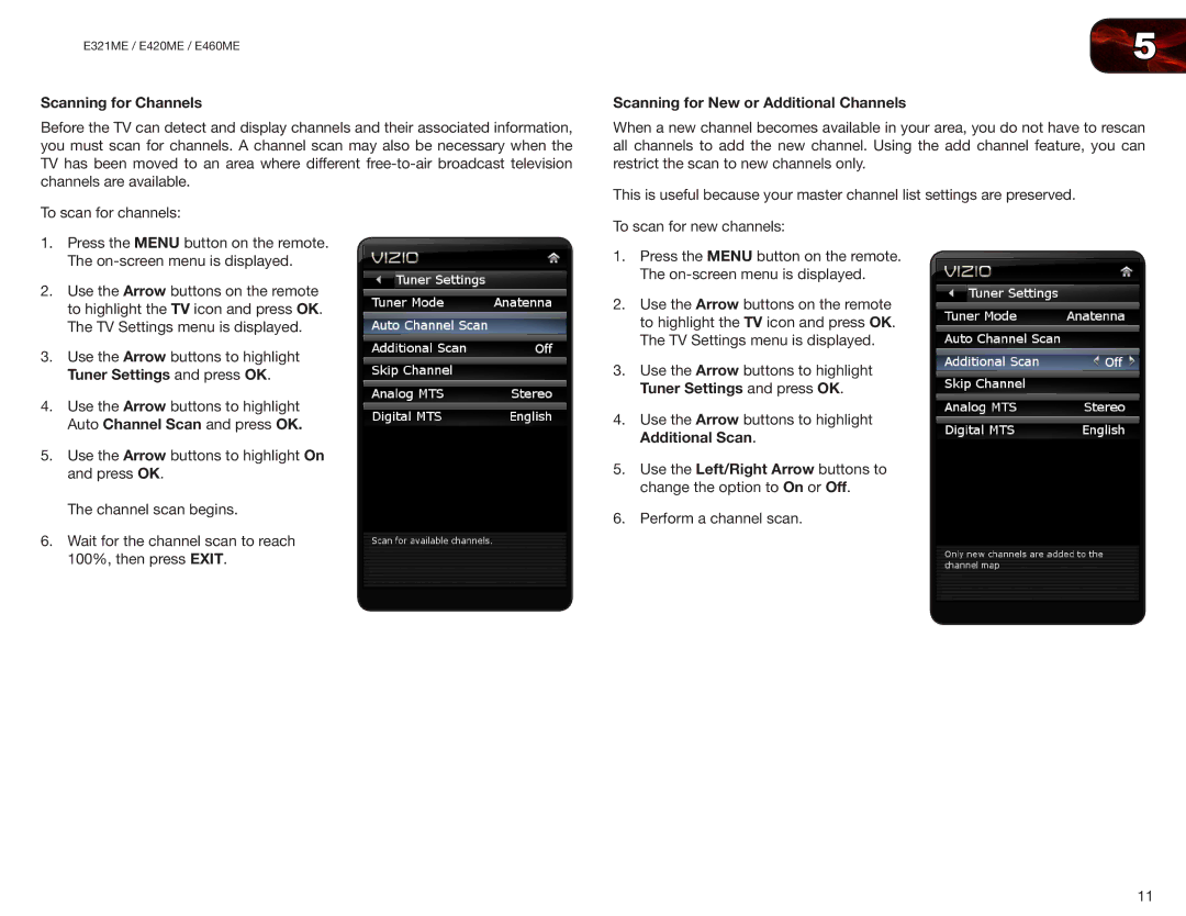 Vizio E460ME, E420ME user manual Scanning for Channels, Scanning for New or Additional Channels 