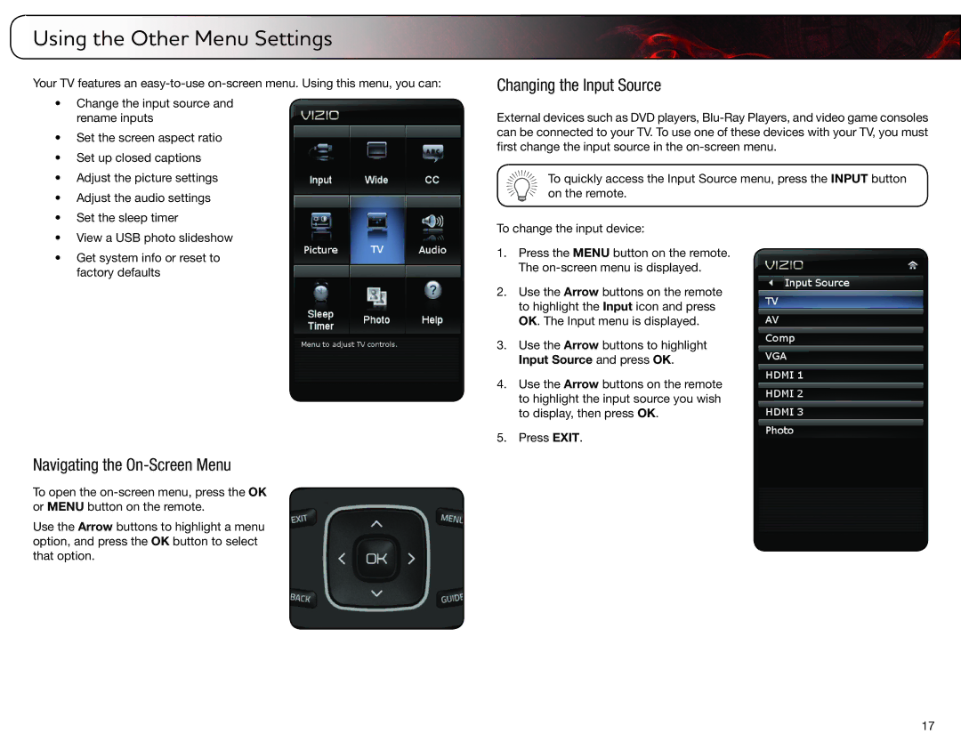 Vizio E460ME, E420ME user manual Using the Other Menu Settings, Changing the Input Source 