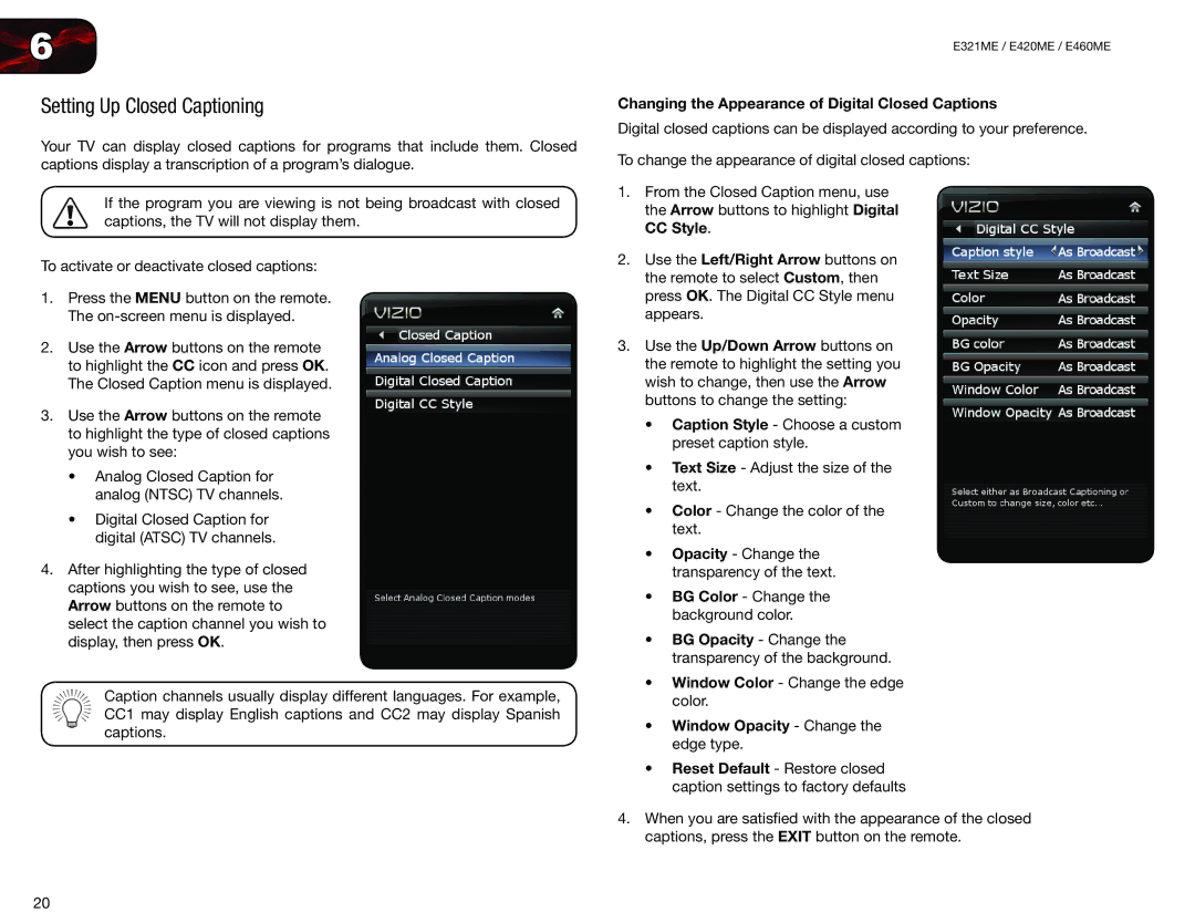 Vizio E420ME, E460ME user manual Setting Up Closed Captioning, Changing the Appearance of Digital Closed Captions 