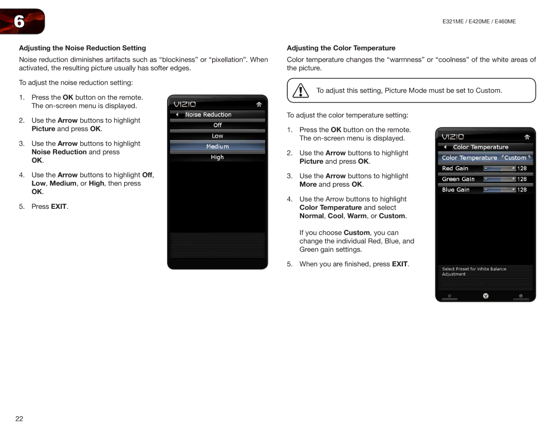 Vizio E420ME, E460ME user manual Adjusting the Noise Reduction Setting, Adjusting the Color Temperature 