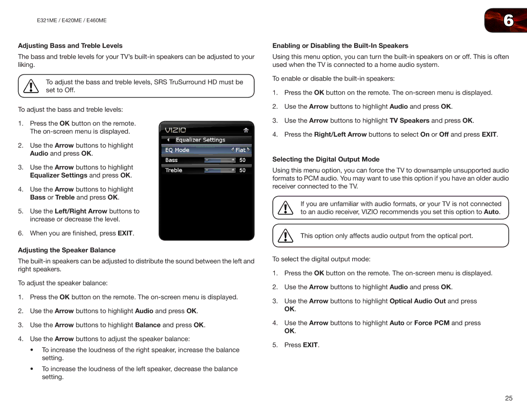 Vizio E460ME Adjusting Bass and Treble Levels, Adjusting the Speaker Balance, Enabling or Disabling the Built-In Speakers 