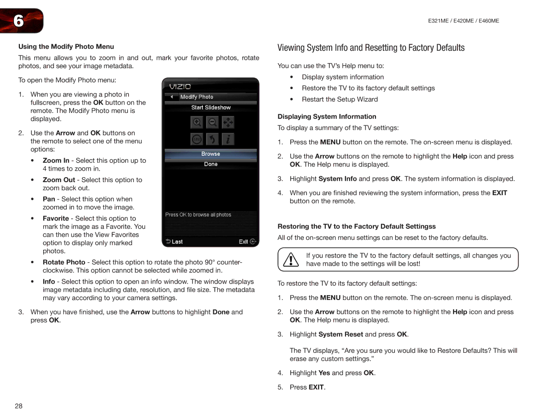 Vizio E420ME, E460ME user manual Viewing System Info and Resetting to Factory Defaults, Using the Modify Photo Menu 