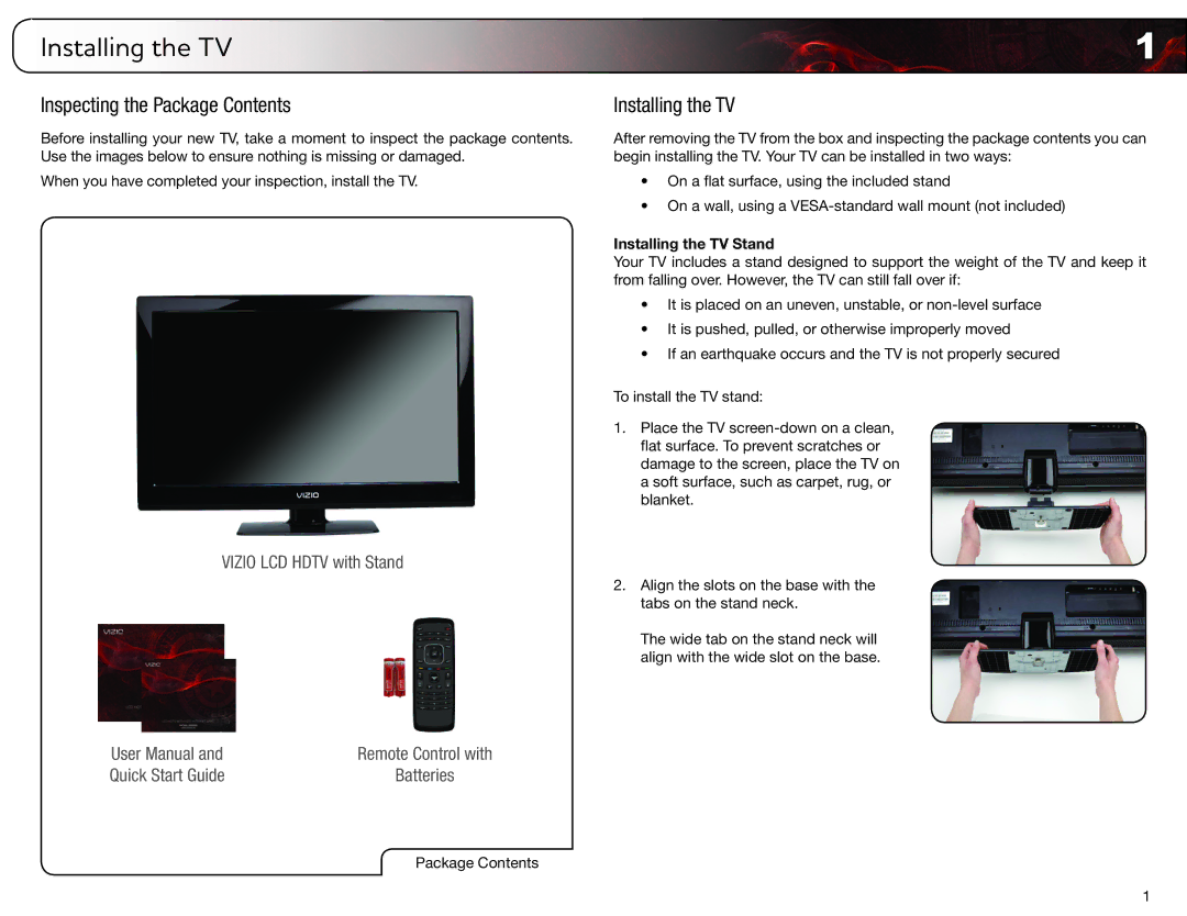 Vizio E460ME, E420ME user manual Installing the TV, Inspecting the Package Contents 