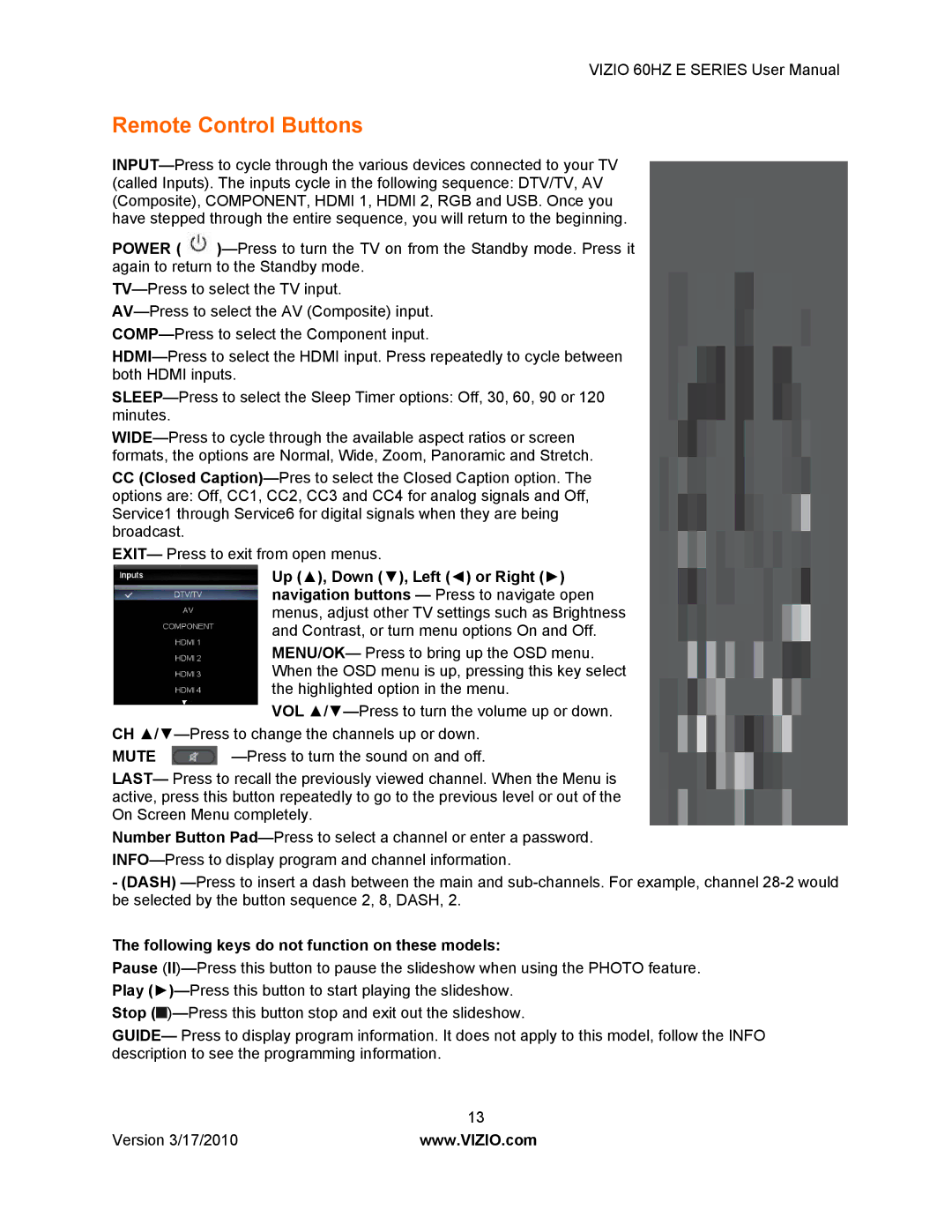 Vizio E370VA, E420VA 60HZ, E320VA, E321VA manual Remote Control Buttons, Following keys do not function on these models 