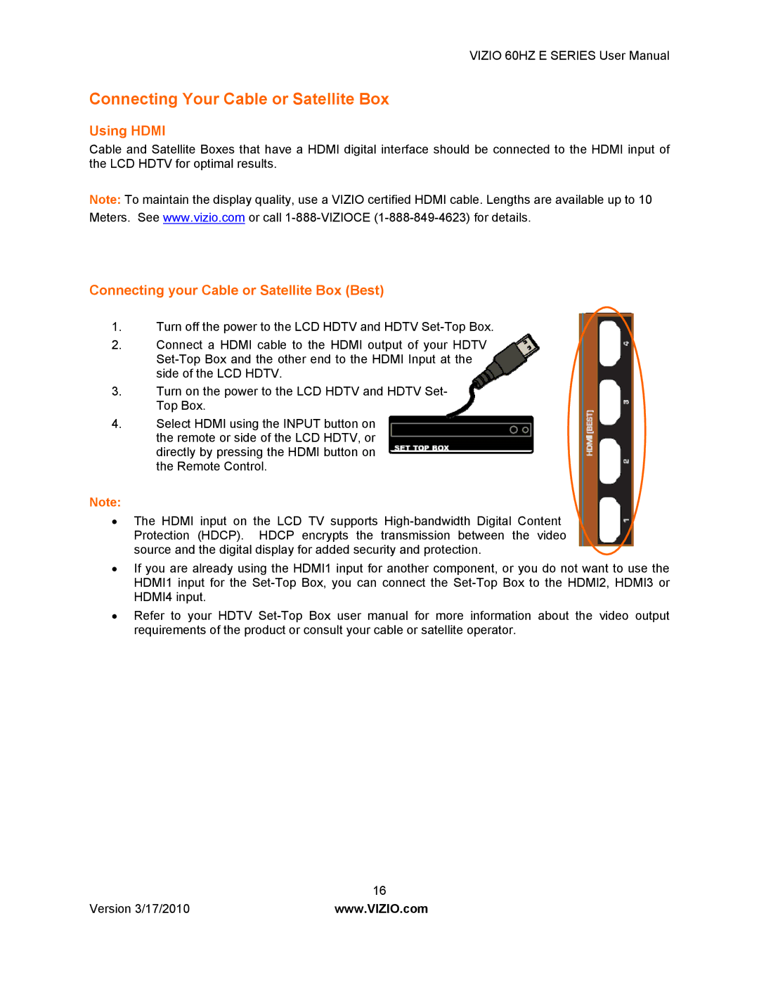 Vizio E420VA 60HZ, E370VA Connecting Your Cable or Satellite Box, Using Hdmi, Connecting your Cable or Satellite Box Best 