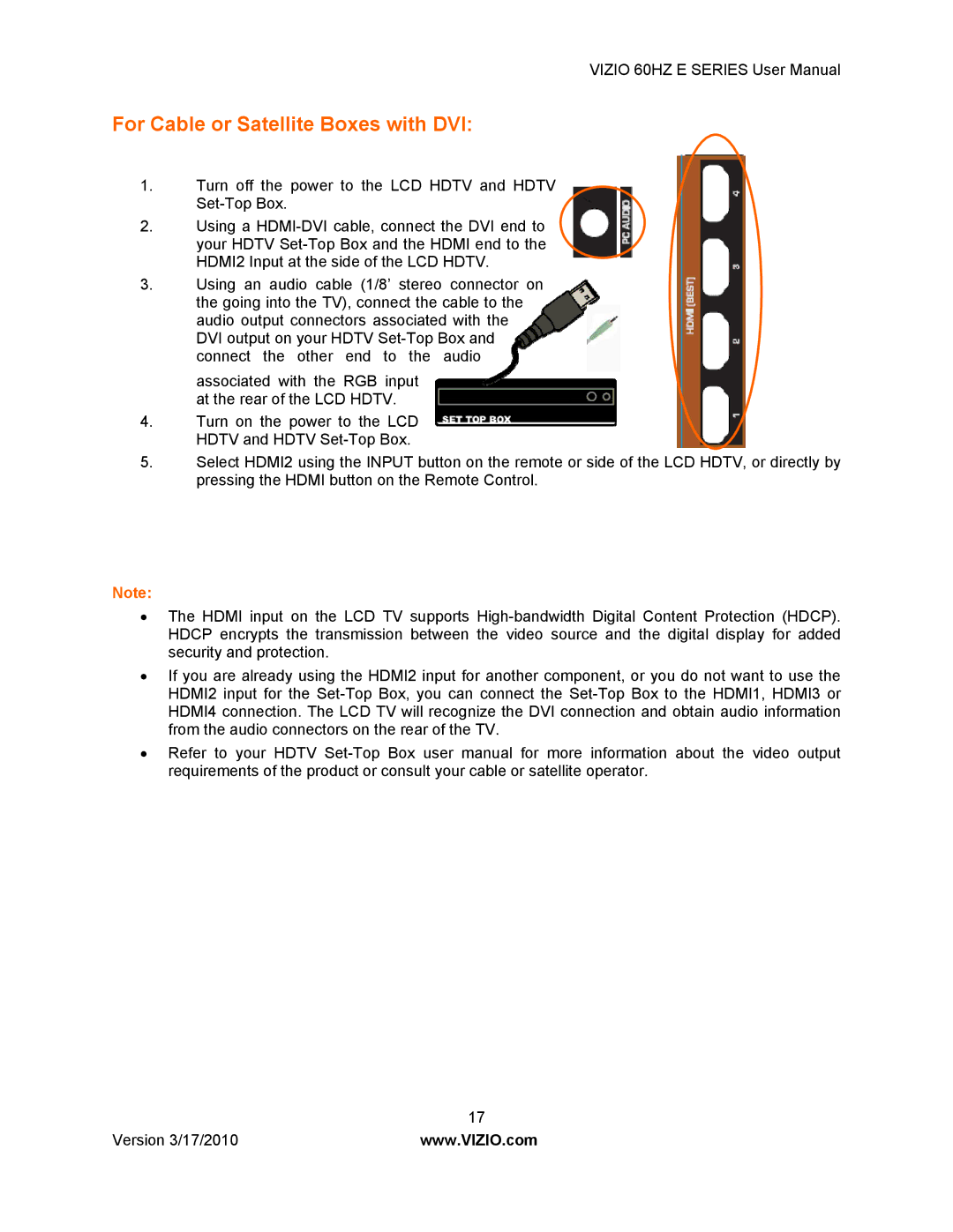 Vizio E370VA, E420VA 60HZ, E320VA, E321VA manual For Cable or Satellite Boxes with DVI 