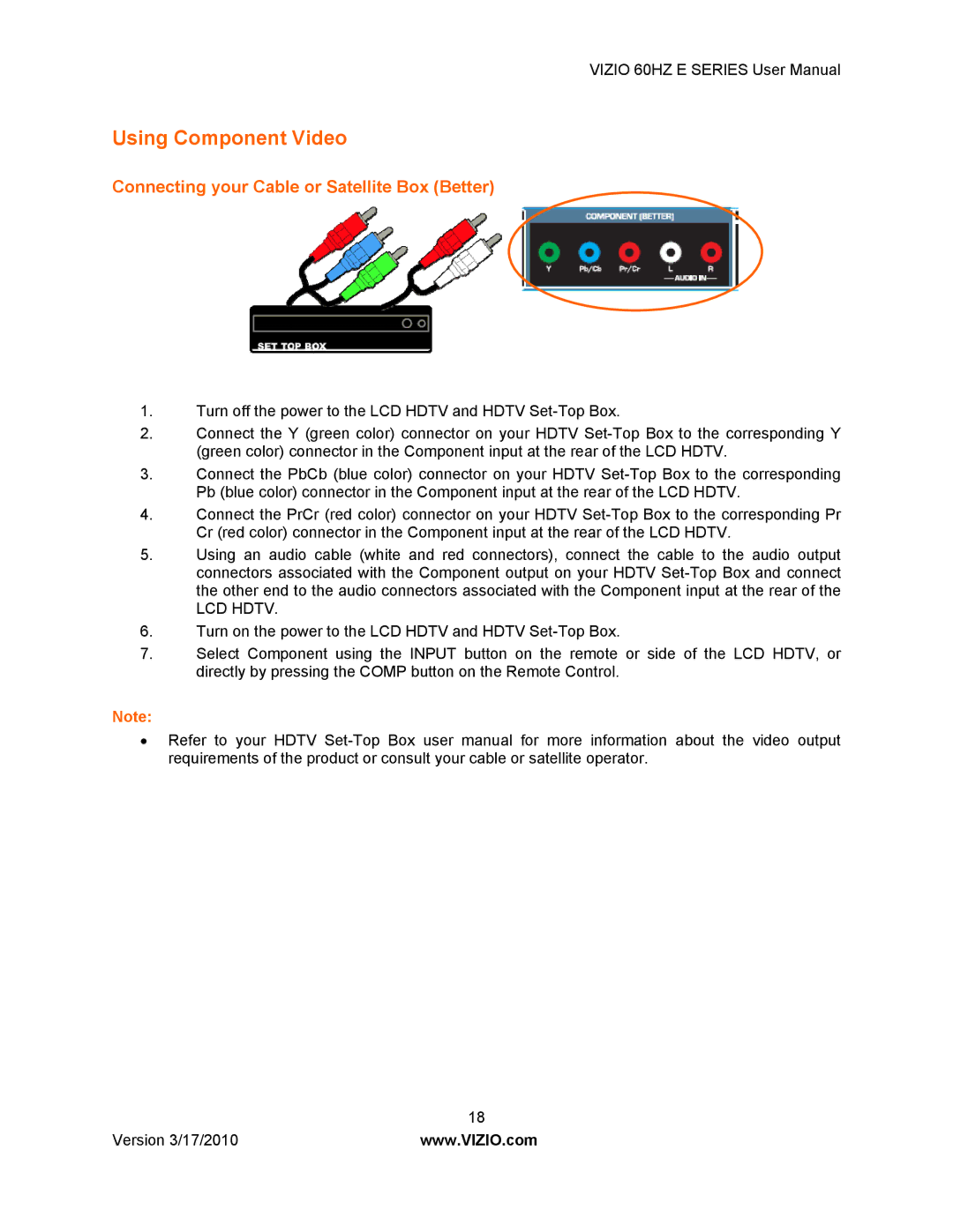 Vizio E320VA, E420VA 60HZ, E370VA, E321VA manual Using Component Video, Connecting your Cable or Satellite Box Better 