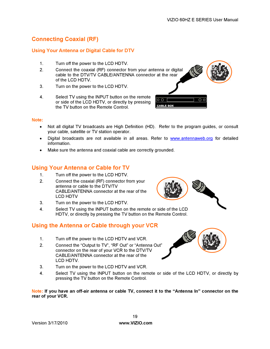 Vizio E321VA manual Connecting Coaxial RF, Using Your Antenna or Cable for TV, Using the Antenna or Cable through your VCR 