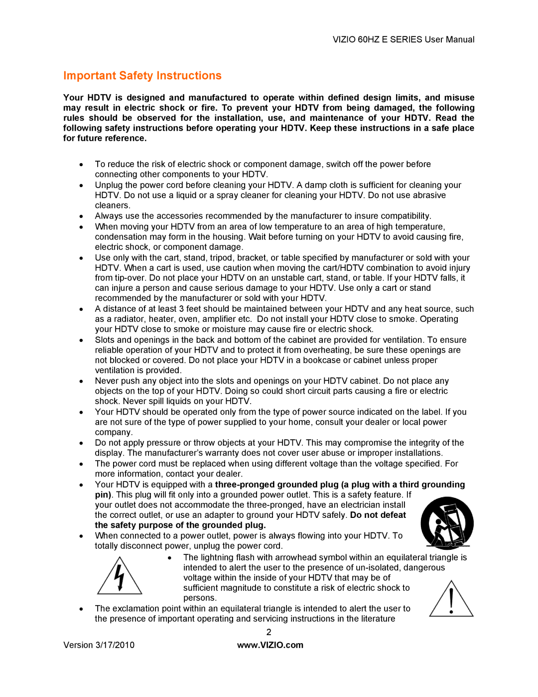 Vizio E320VA, E420VA 60HZ, E370VA, E321VA manual Important Safety Instructions 