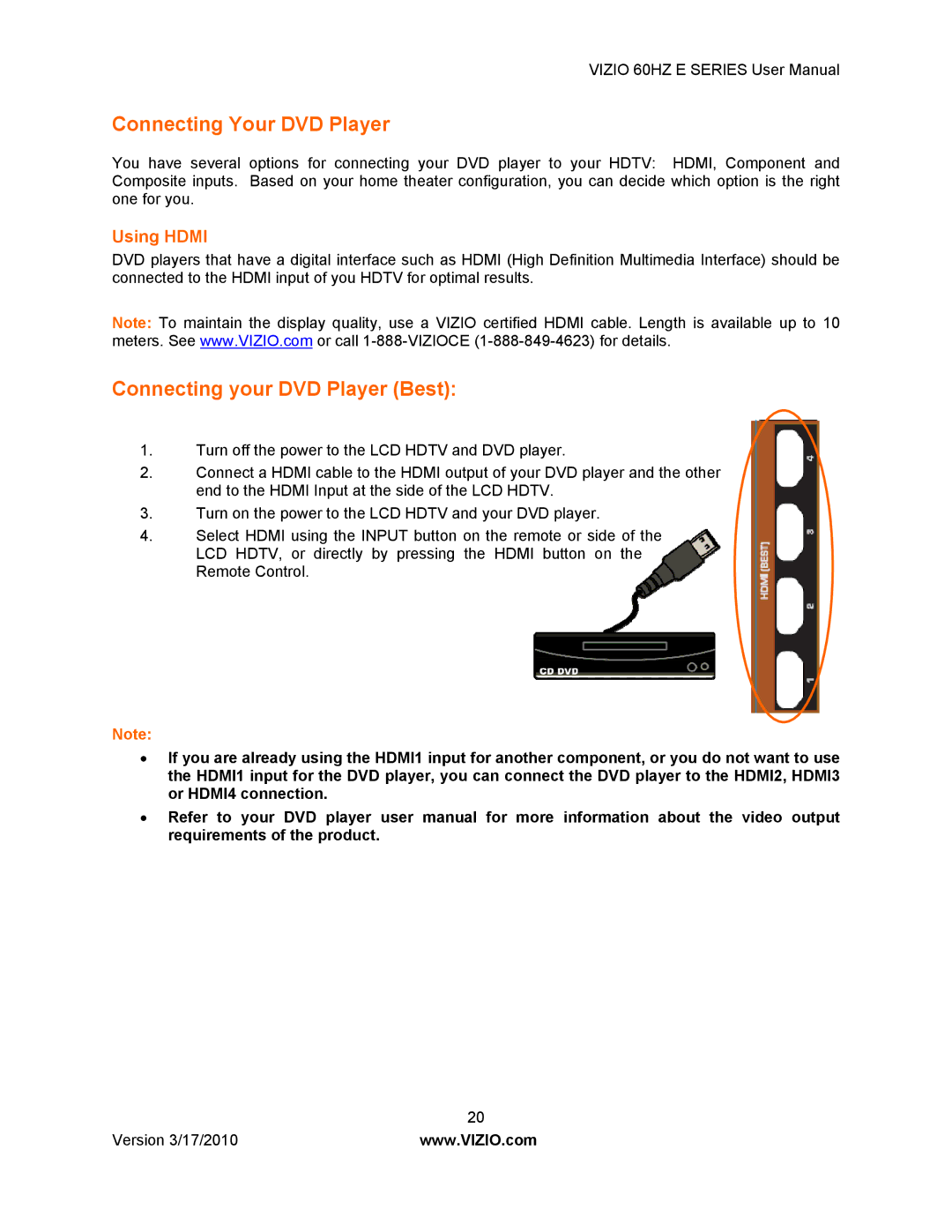 Vizio E420VA 60HZ, E370VA, E320VA, E321VA manual Connecting Your DVD Player, Connecting your DVD Player Best 