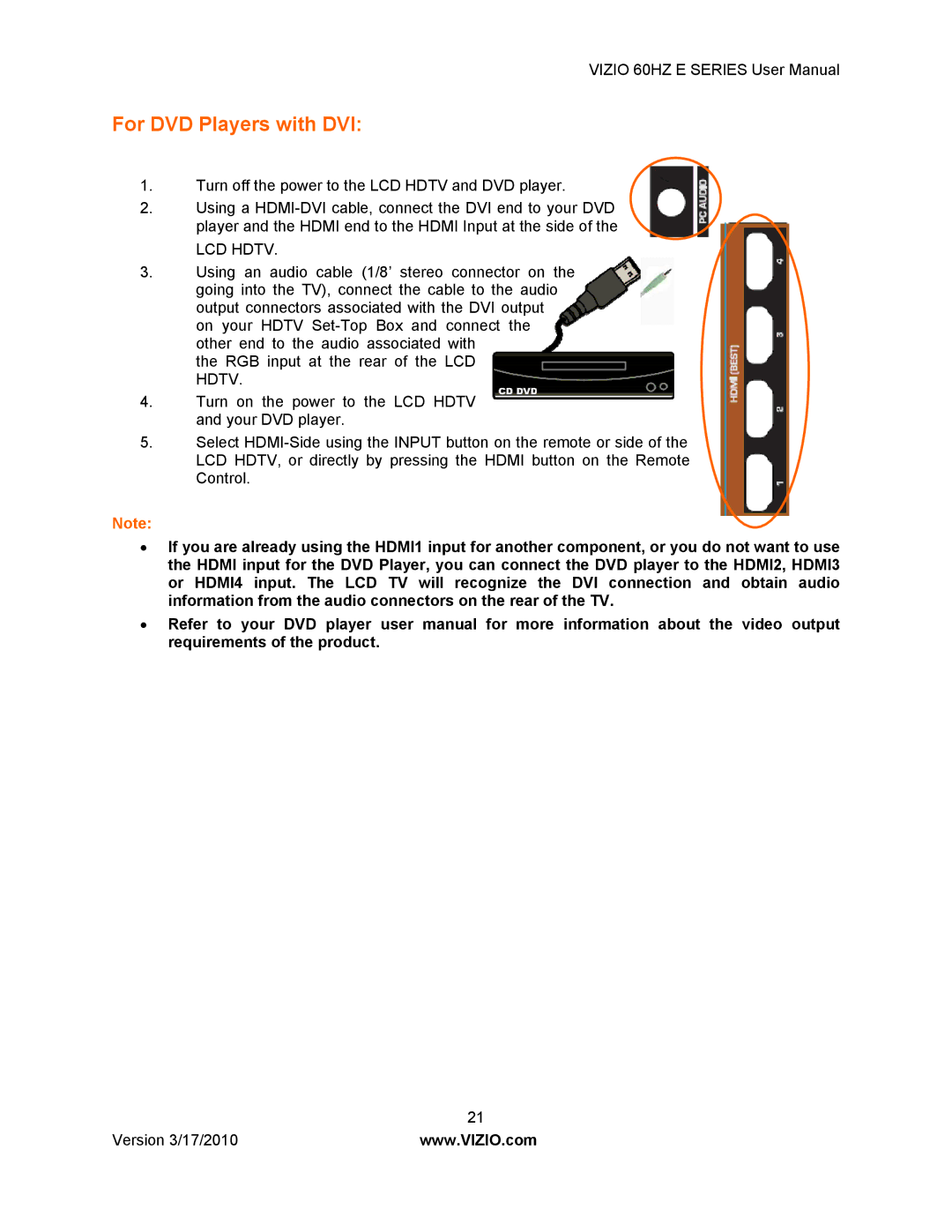 Vizio E370VA, E420VA 60HZ, E320VA, E321VA manual For DVD Players with DVI 