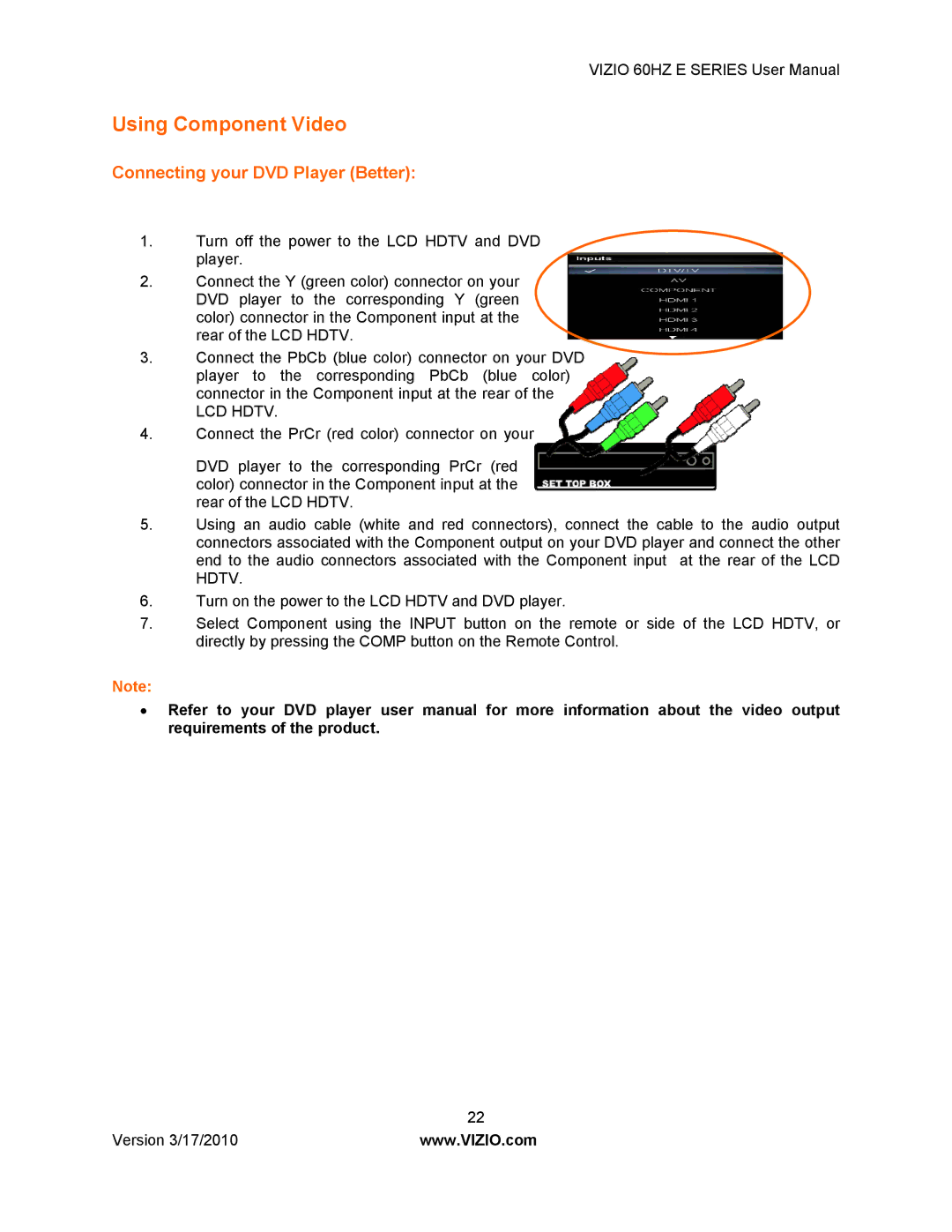 Vizio E320VA, E420VA 60HZ, E370VA, E321VA manual Using Component Video, Connecting your DVD Player Better 