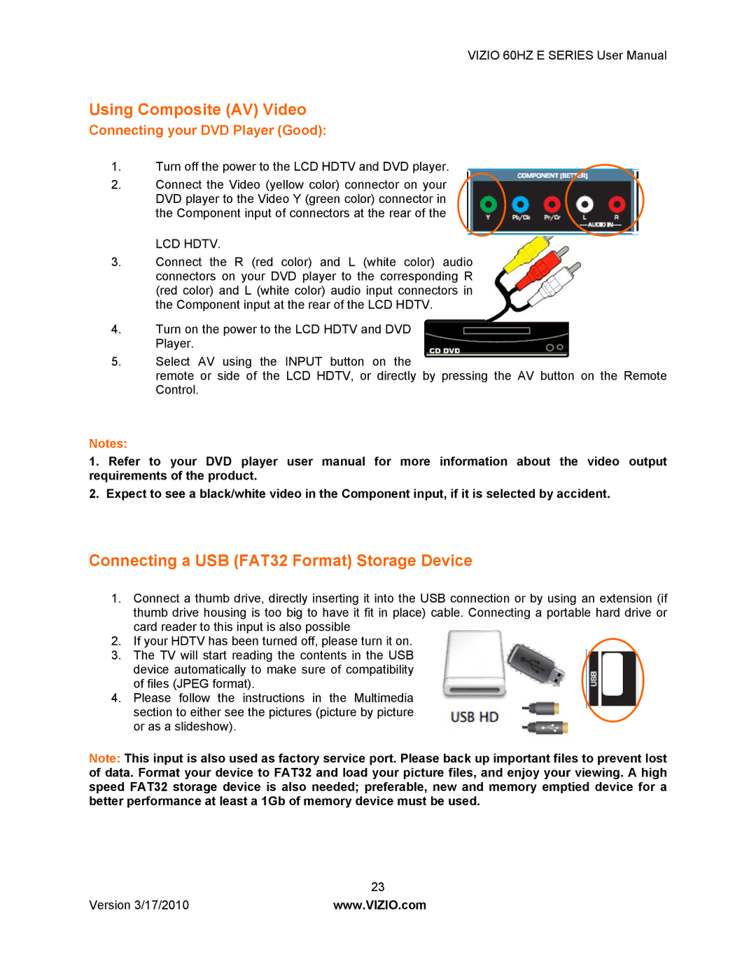 Vizio E321VA manual Using Composite AV Video, Connecting a USB FAT32 Format Storage Device, Connecting your DVD Player Good 