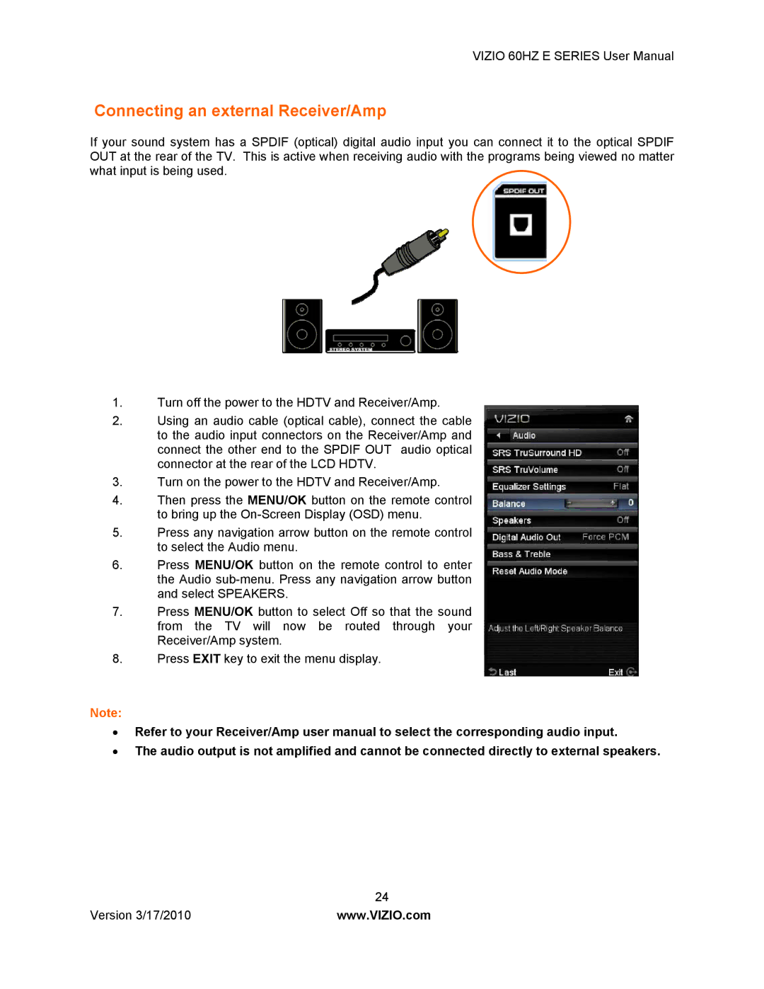 Vizio E420VA 60HZ, E370VA, E320VA, E321VA manual Connecting an external Receiver/Amp 