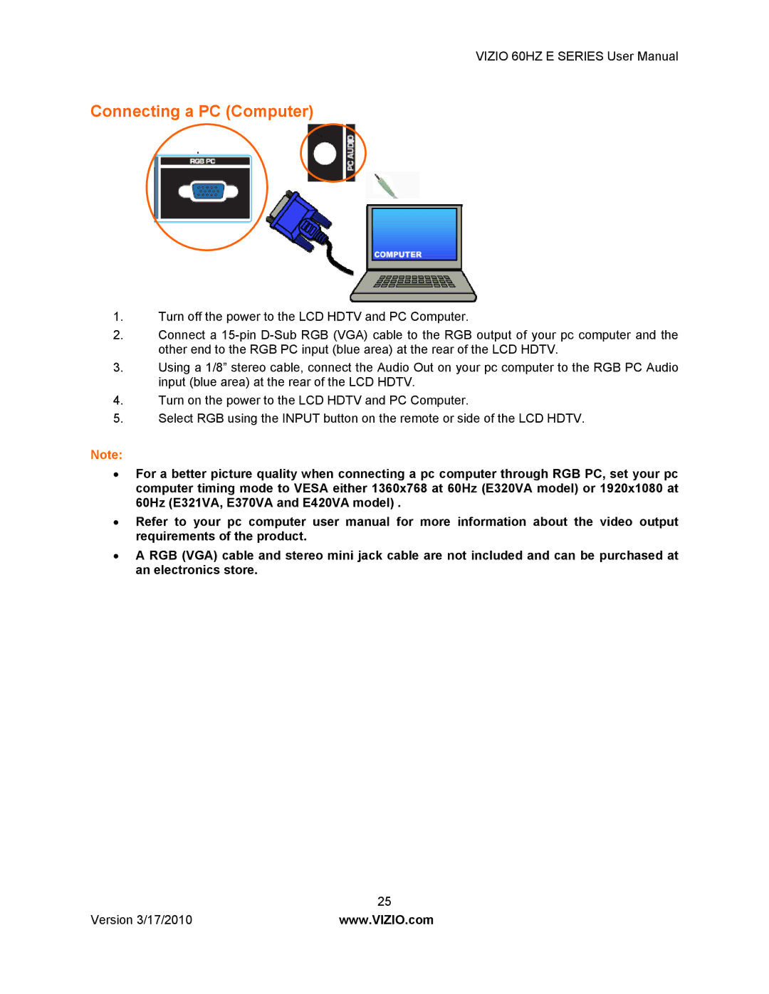 Vizio E370VA, E420VA 60HZ, E320VA, E321VA manual Connecting a PC Computer 