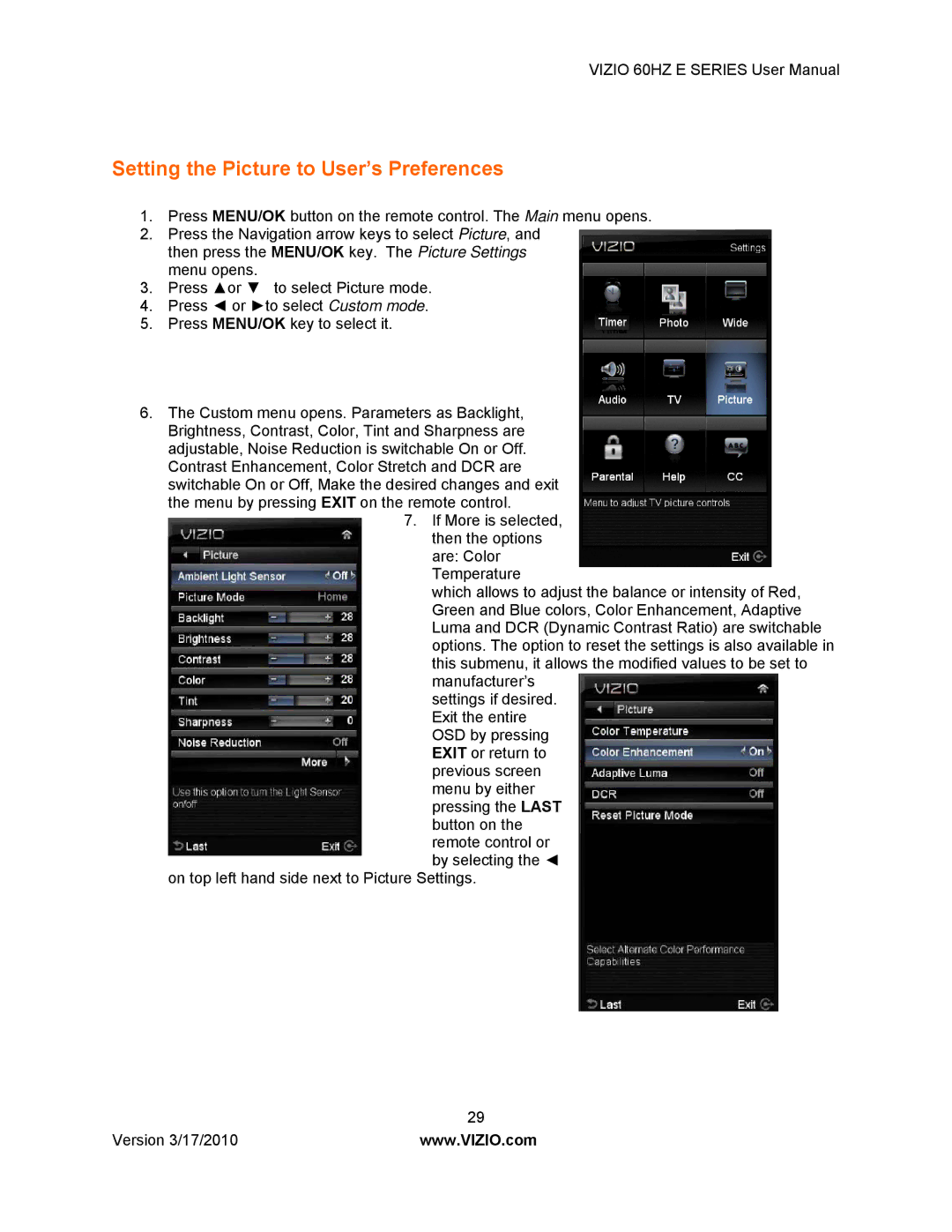 Vizio E370VA, E420VA 60HZ, E320VA, E321VA manual Setting the Picture to User’s Preferences 