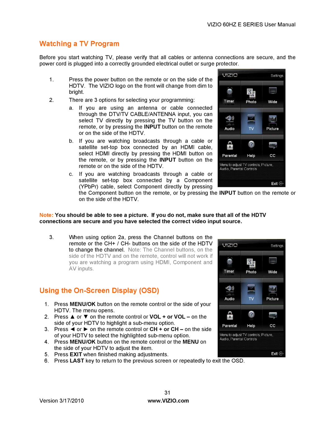 Vizio E321VA, E420VA 60HZ, E370VA, E320VA manual Watching a TV Program, Using the On-Screen Display OSD 