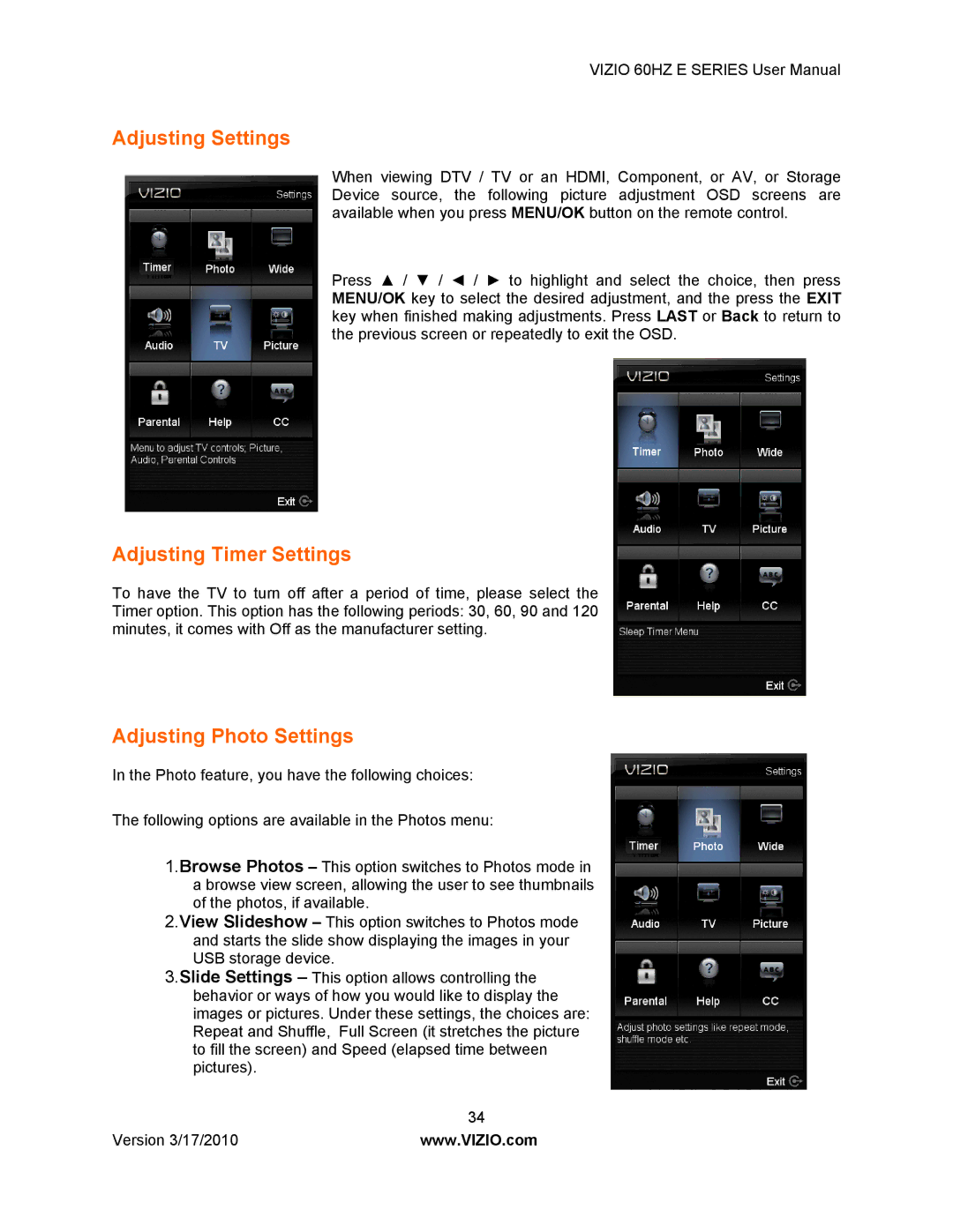 Vizio E320VA, E420VA 60HZ, E370VA, E321VA manual Adjusting Settings, Adjusting Timer Settings 