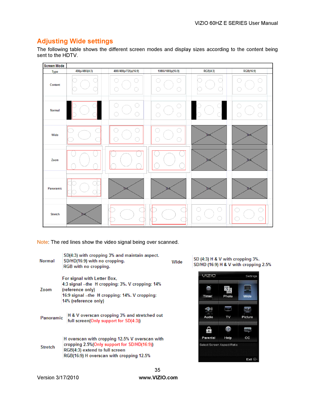 Vizio E321VA, E420VA 60HZ, E370VA, E320VA manual Adjusting Wide settings 