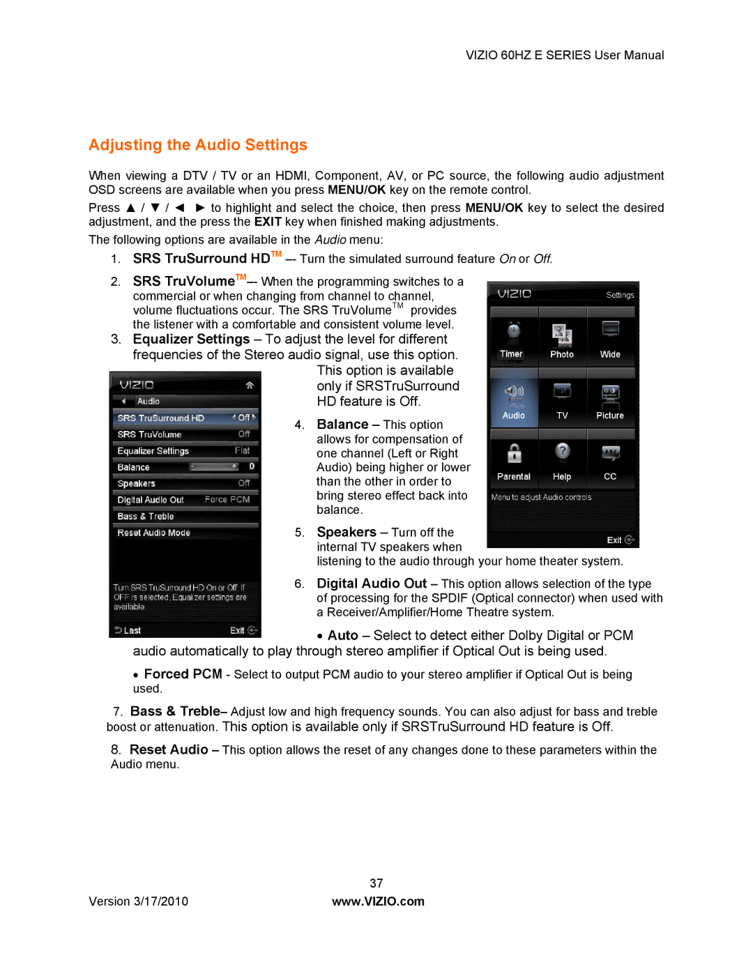 Vizio E370VA, E420VA 60HZ, E320VA, E321VA manual Adjusting the Audio Settings 