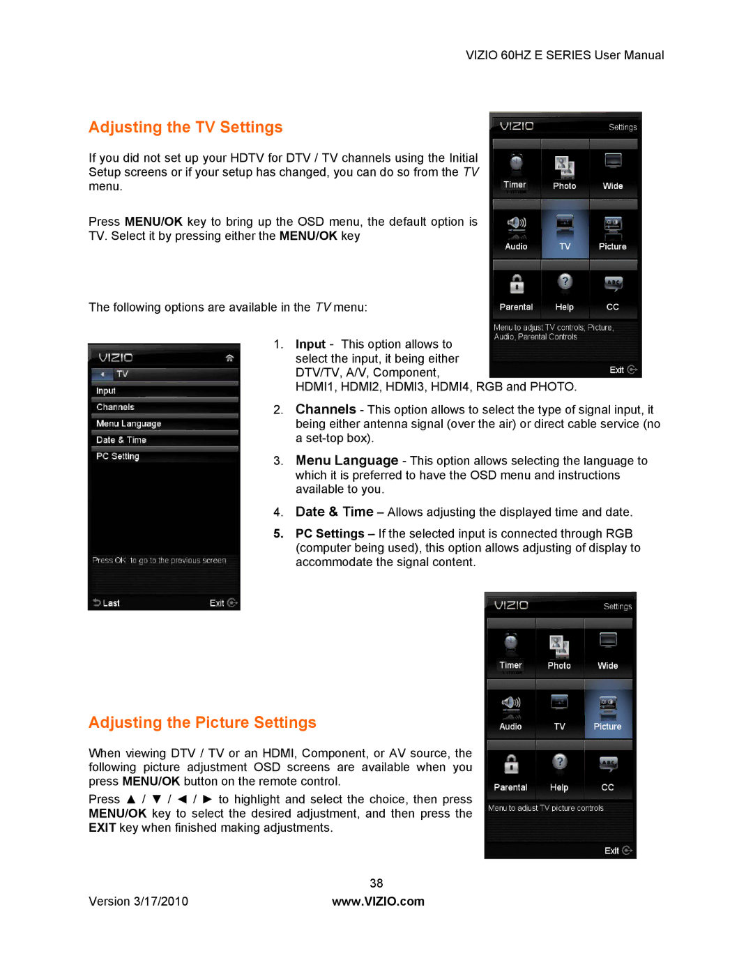 Vizio E320VA, E420VA 60HZ, E370VA, E321VA manual Adjusting the TV Settings, Adjusting the Picture Settings 