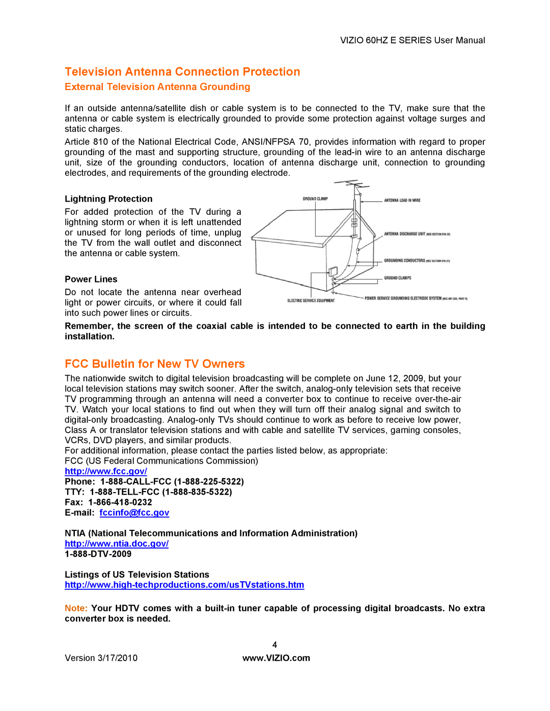 Vizio E420VA 60HZ, E370VA, E320VA, E321VA manual Television Antenna Connection Protection, FCC Bulletin for New TV Owners 