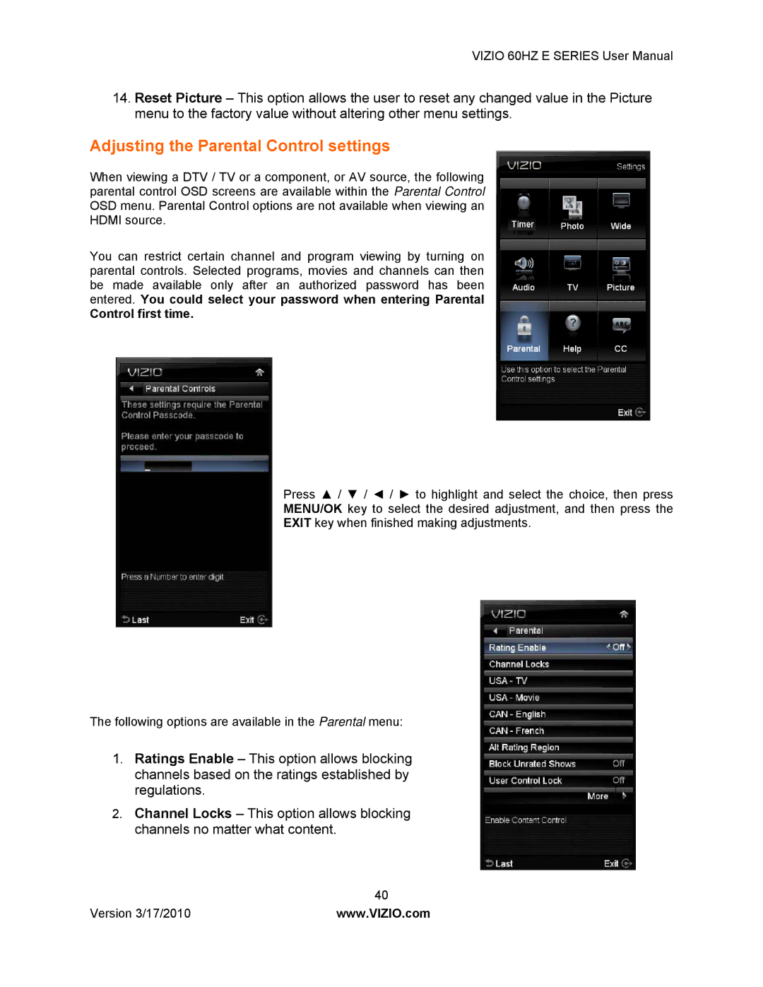 Vizio E420VA 60HZ, E370VA, E320VA, E321VA manual Adjusting the Parental Control settings, Control first time 