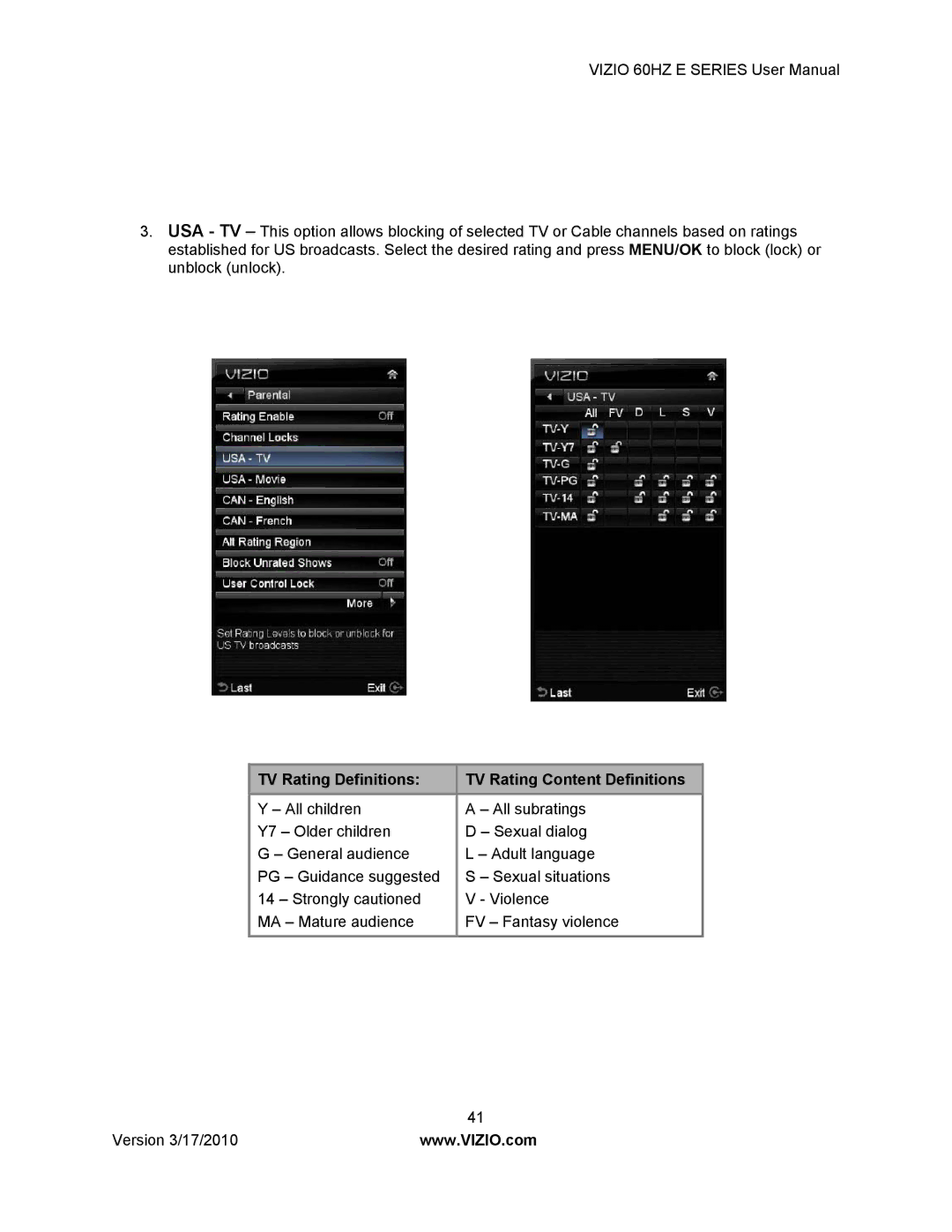 Vizio E370VA, E420VA 60HZ, E320VA, E321VA manual TV Rating Definitions TV Rating Content Definitions 