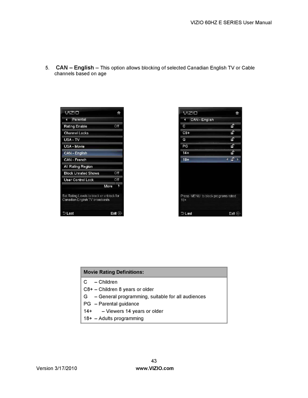 Vizio E321VA, E420VA 60HZ, E370VA, E320VA manual Movie Rating Definitions 