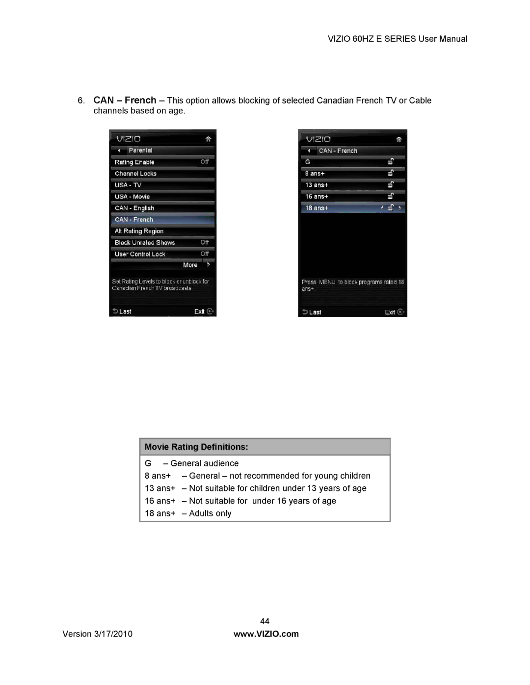 Vizio E420VA 60HZ, E370VA, E320VA, E321VA manual Movie Rating Definitions 